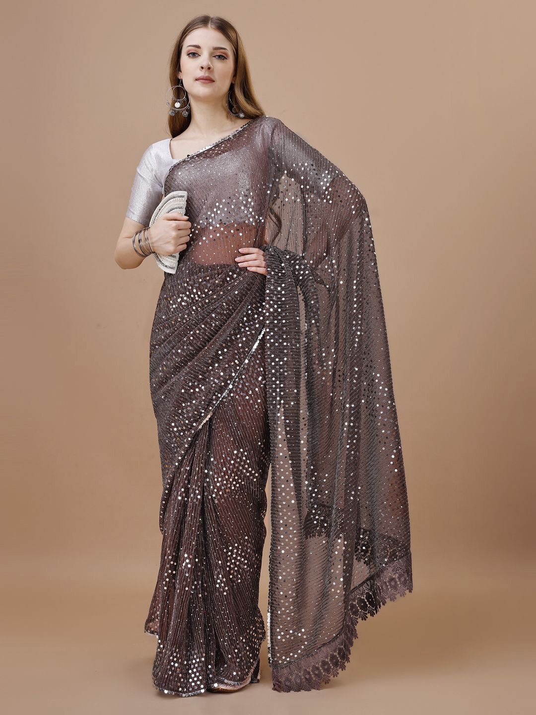 

VIJAYA VALLABH Embellished Net Saree, Brown
