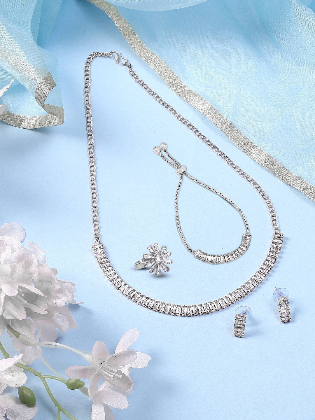 

PRIVIU Women Silver Plated CZ Studded Jewellery Set