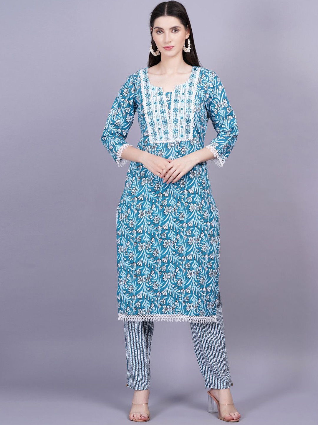 

JC4U Women Floral Printed Regular Mirror Work Pure Cotton Kurta Trousers With Dupatta, Blue