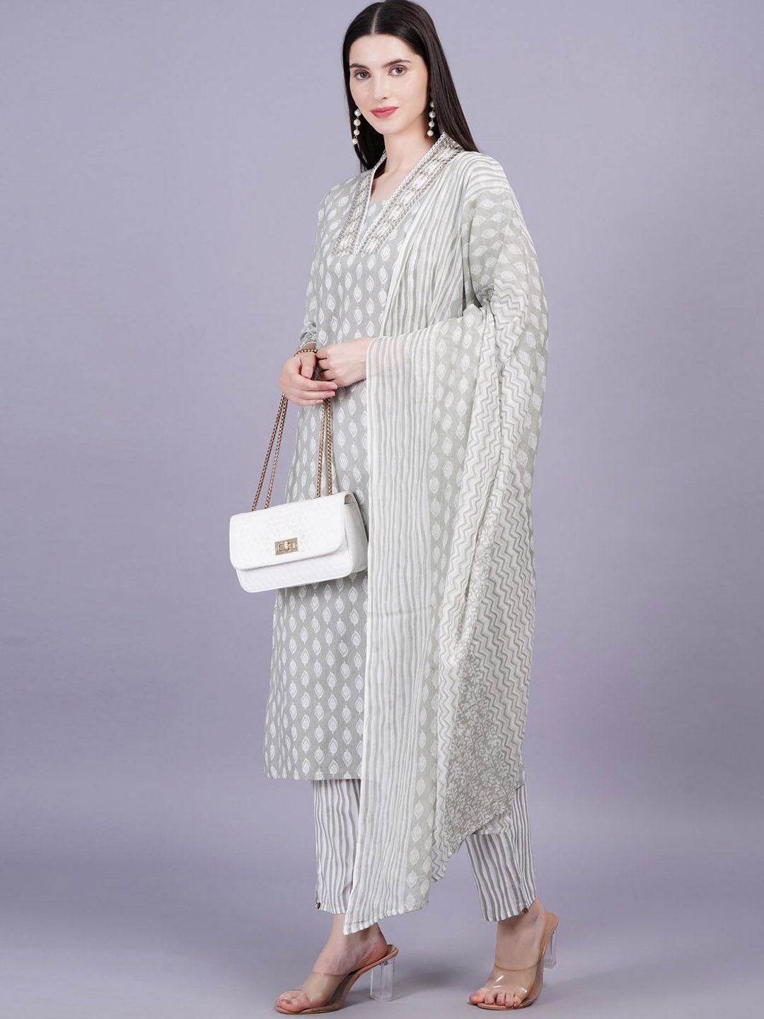 

JC4U Women Floral Printed Mirror Work Pure Cotton Kurta with Trousers & With Dupatta, Grey