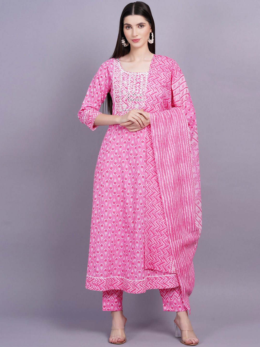 

JC4U Women Floral Printed Mirror Work Pure Cotton Kurti with Trousers & With Dupatta, Pink