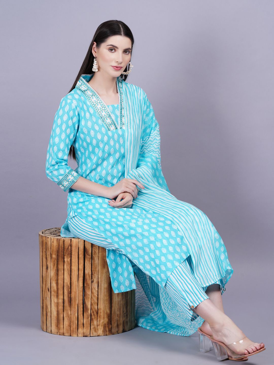 

JC4U Women Floral Printed Regular Mirror Work Pure Cotton Kurta Trousers With Dupatta, Blue