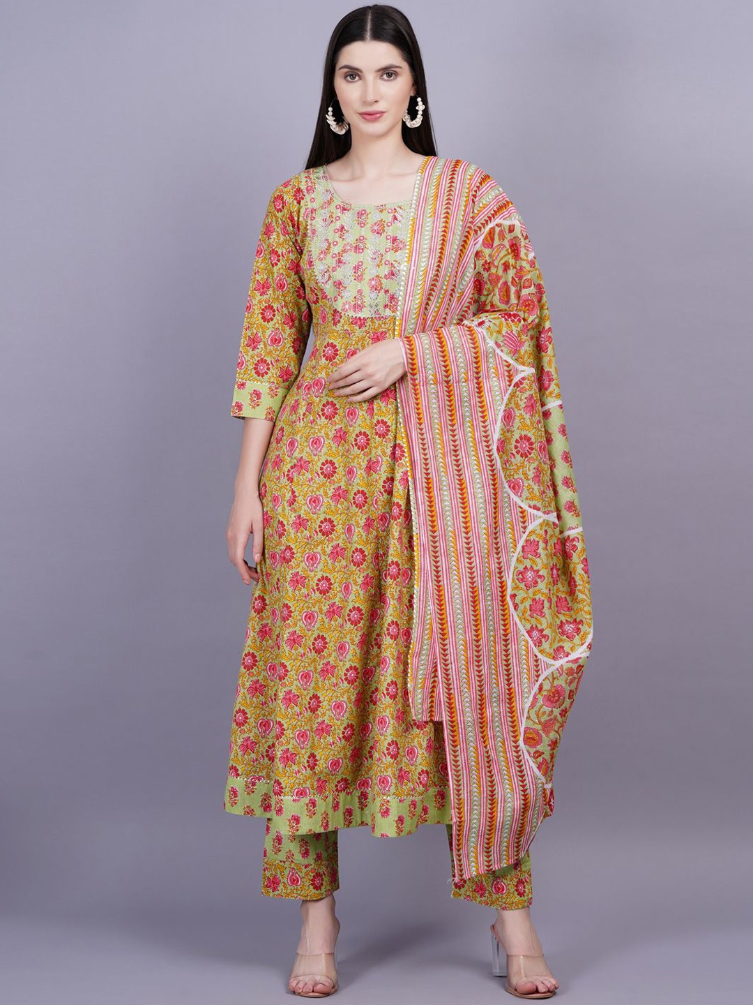 

JC4U Women Floral Printed Regular Mirror Work Pure Cotton Kurta Set With Dupatta, Yellow