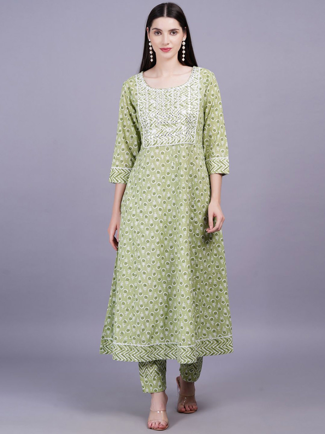 

JC4U Women Floral Printed Regular Mirror Work Pure Cotton Kurta with Trousers & Dupatta, Green