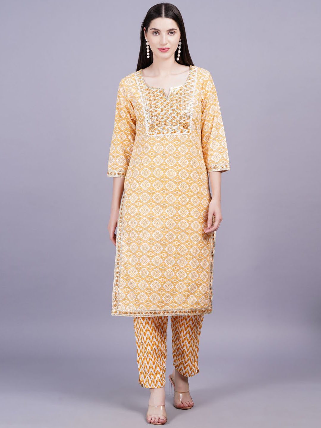 

JC4U Women Ethnic Motifs Printed Regular Pure Cotton Kurta with Trousers & With Dupatta, Yellow