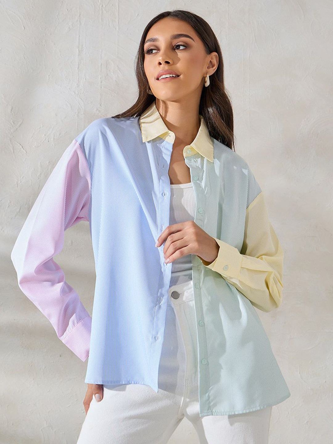 

Styli Women Oversized Colourblock Long Sleeves Shirt, Blue