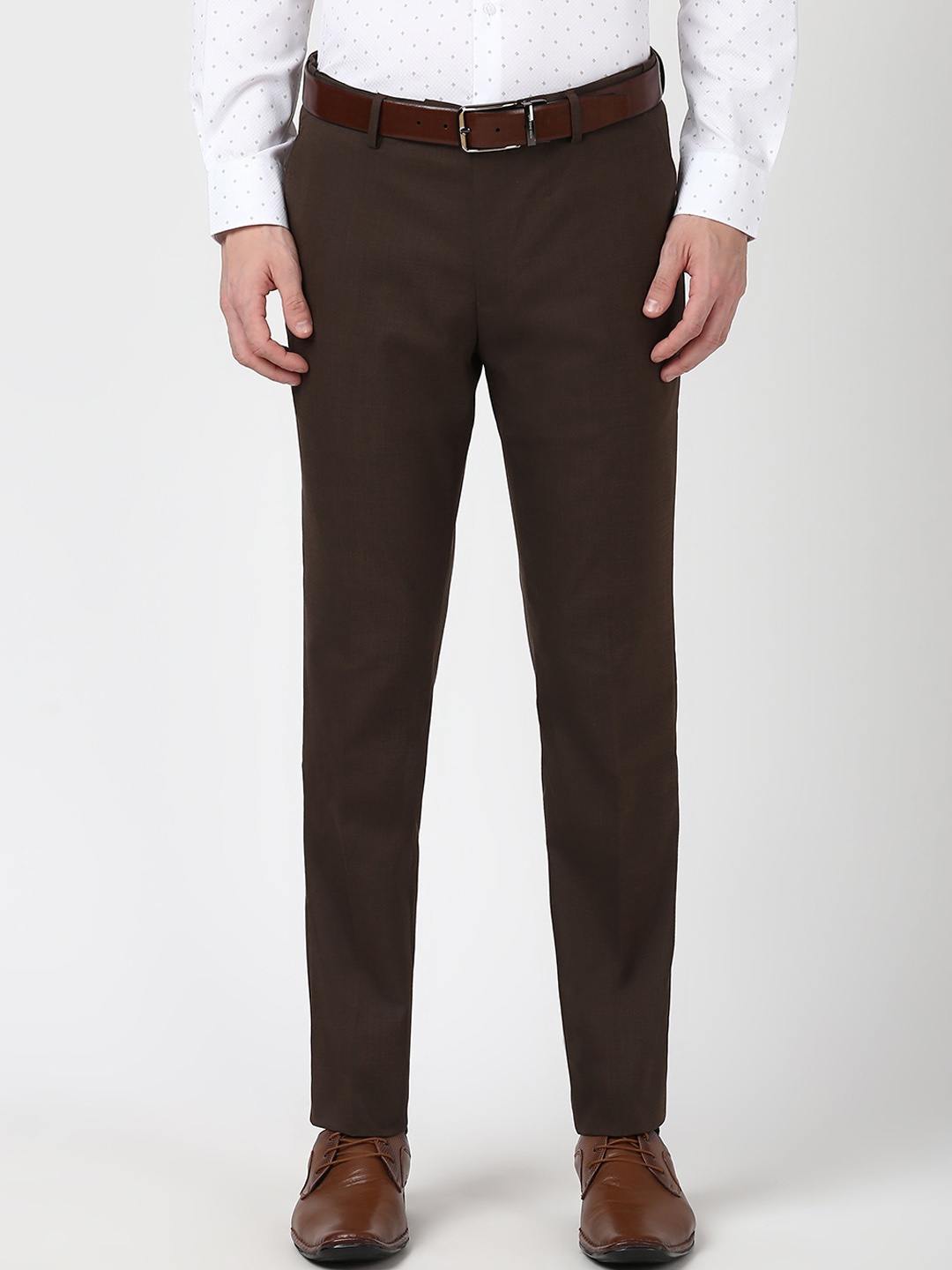 

Peter England Men Textured Slim Fit Trousers, Brown