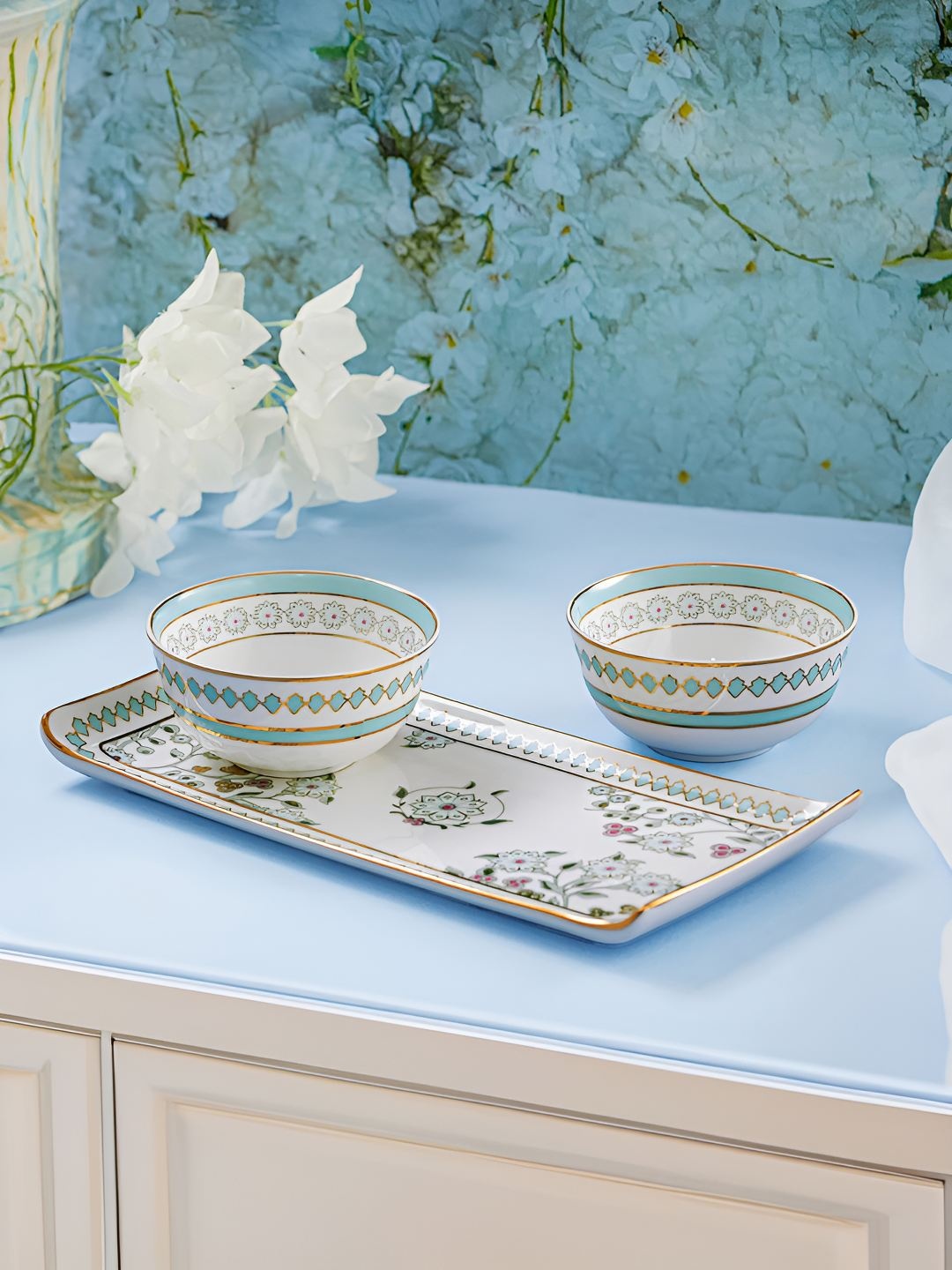 

Troveas 3-Pcs White & Green Printed Bone China Rectangular Tray and Bowl Set