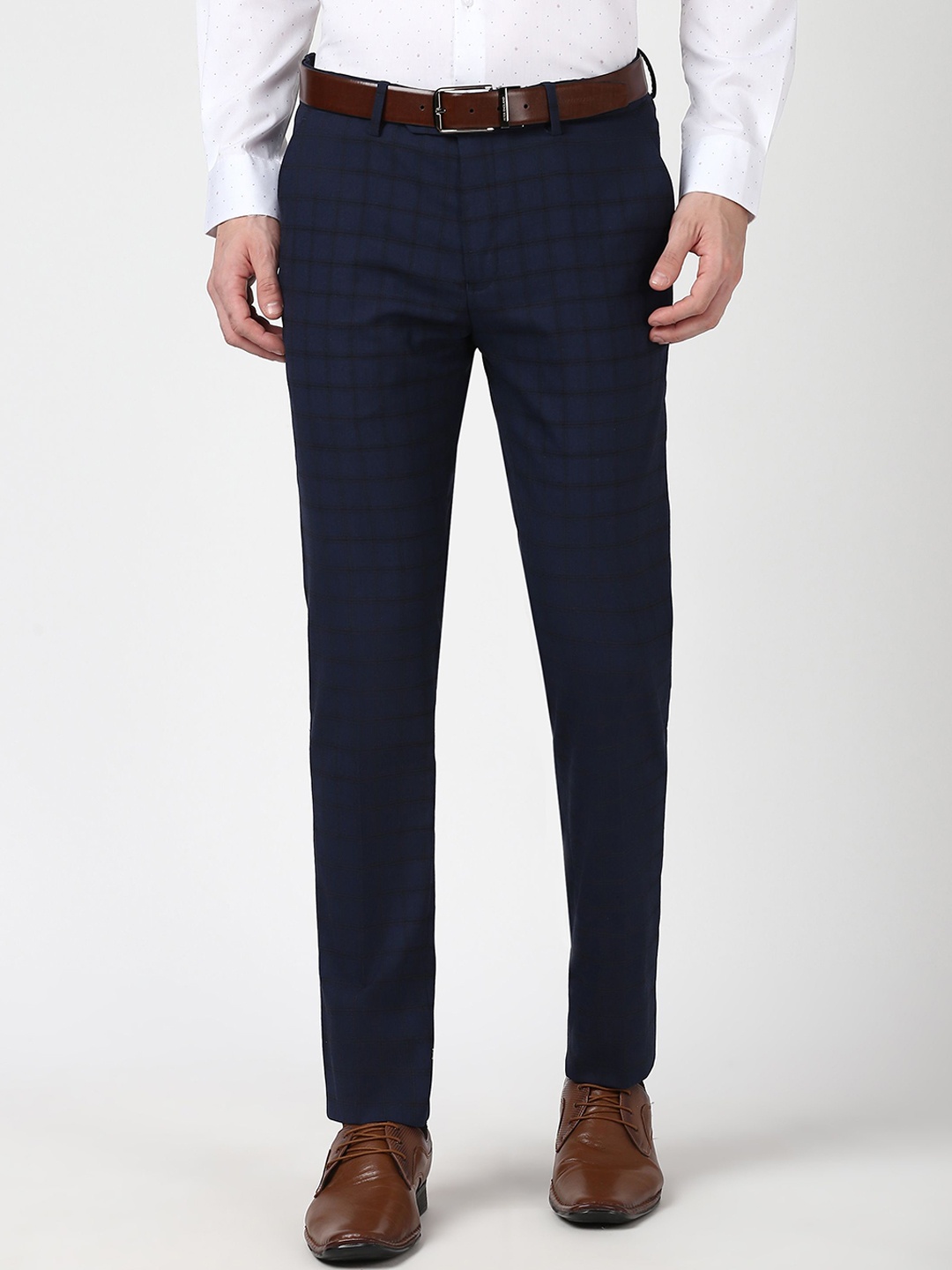 

Peter England Men Checked Slim Fit Trousers, Navy blue