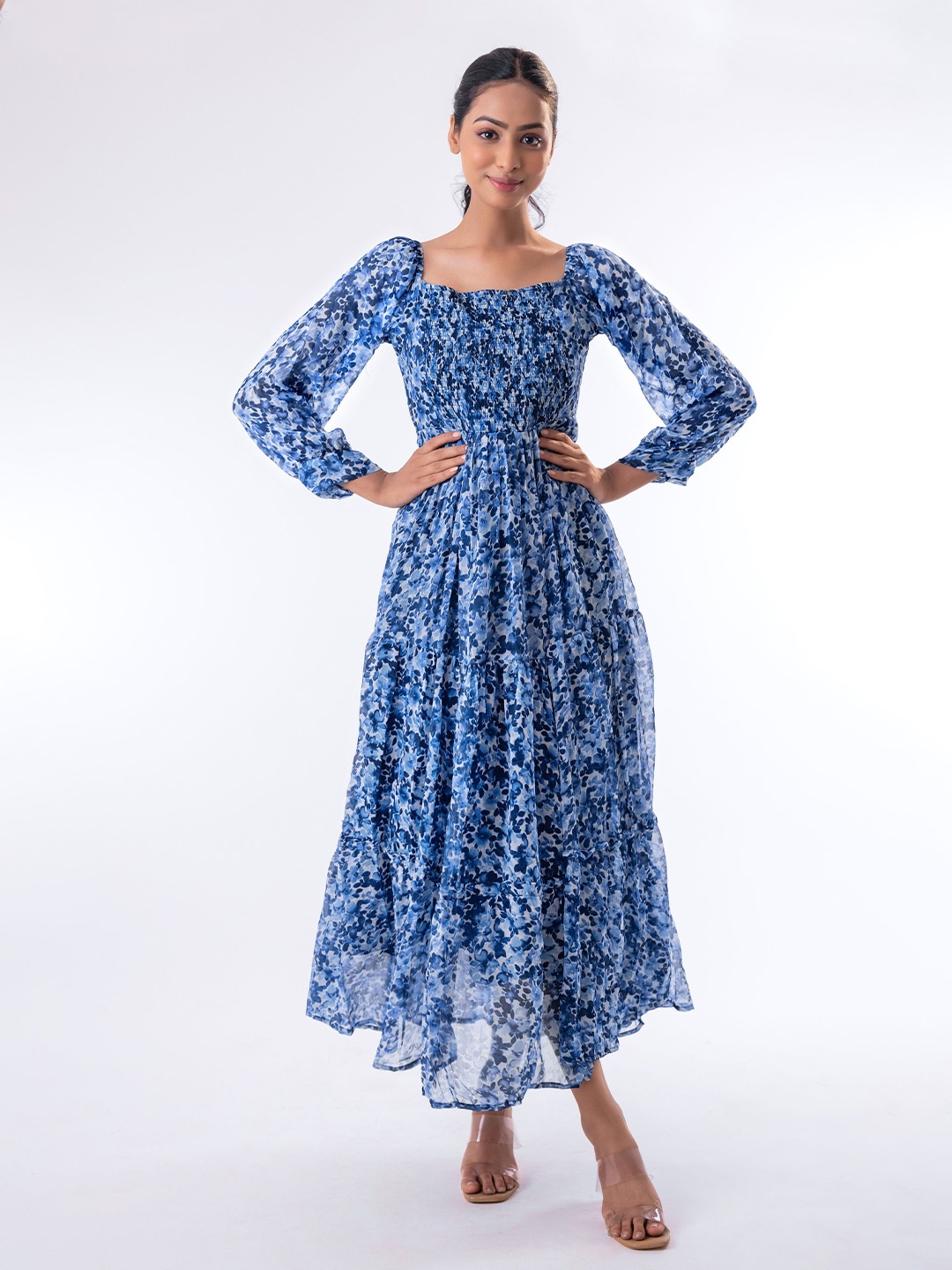 

mrutbaa Floral Print Chiffon Fit & Flare Maxi Dress, Blue