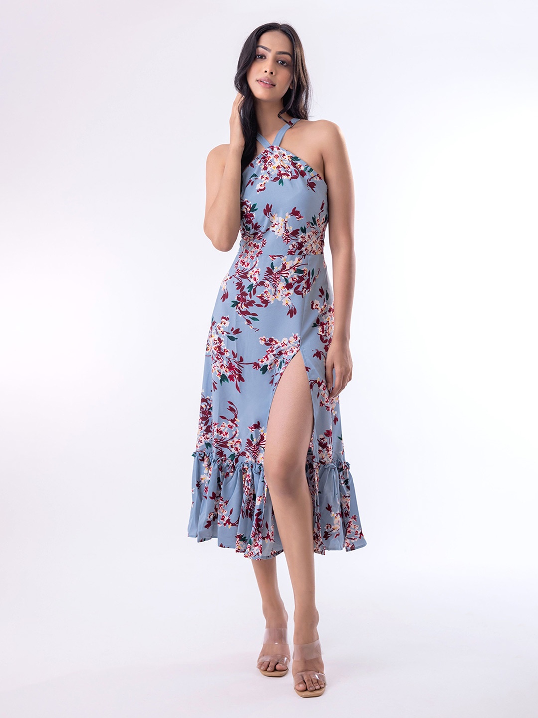 

mrutbaa Floral Print Halter Neck Crepe A-Line Midi Dress, Turquoise blue