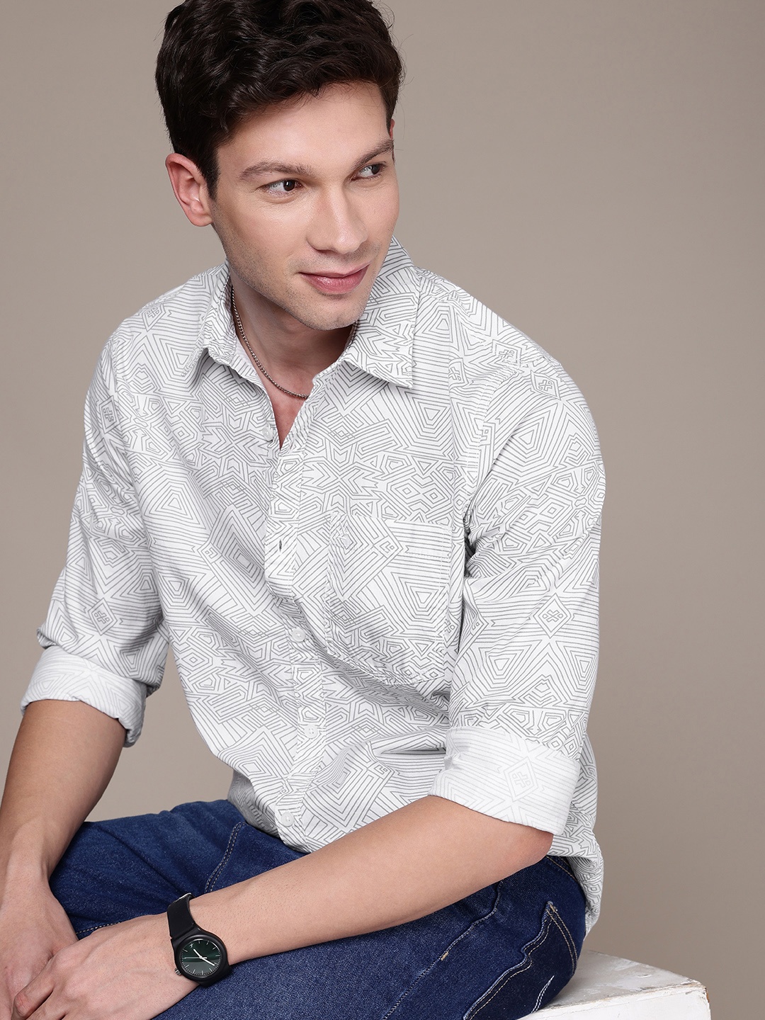

WROGN Geometric Printed Pure Cotton Casual Shirt, White