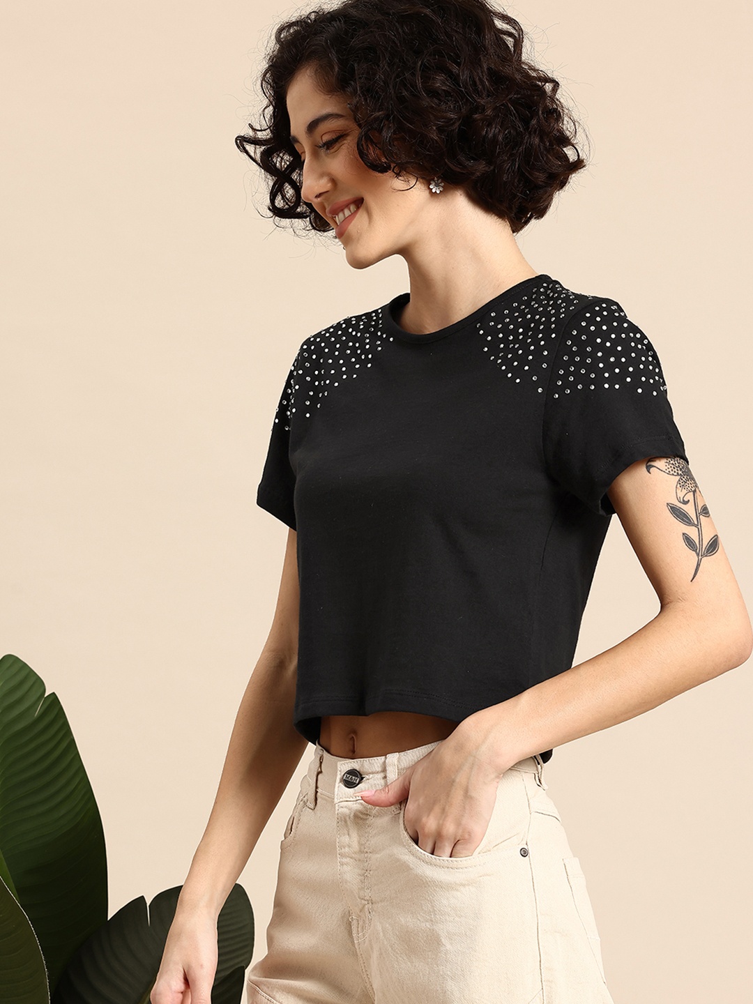 

Mast & Harbour Embellished Studded Cotton Top, Black
