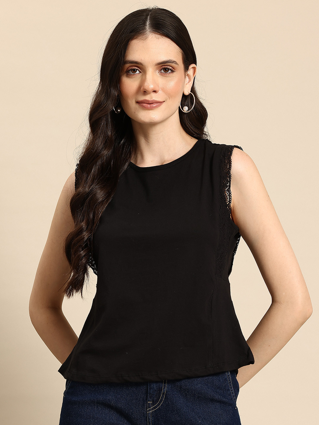 

Mast & Harbour Pure Cotton Top With Lace Insert Detail, Black