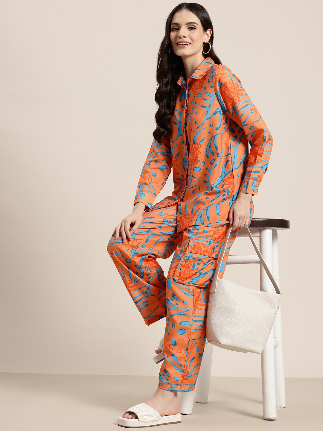 

HERE&NOW Quirk Zone Shirt Collar Printed Co-ords, Orange