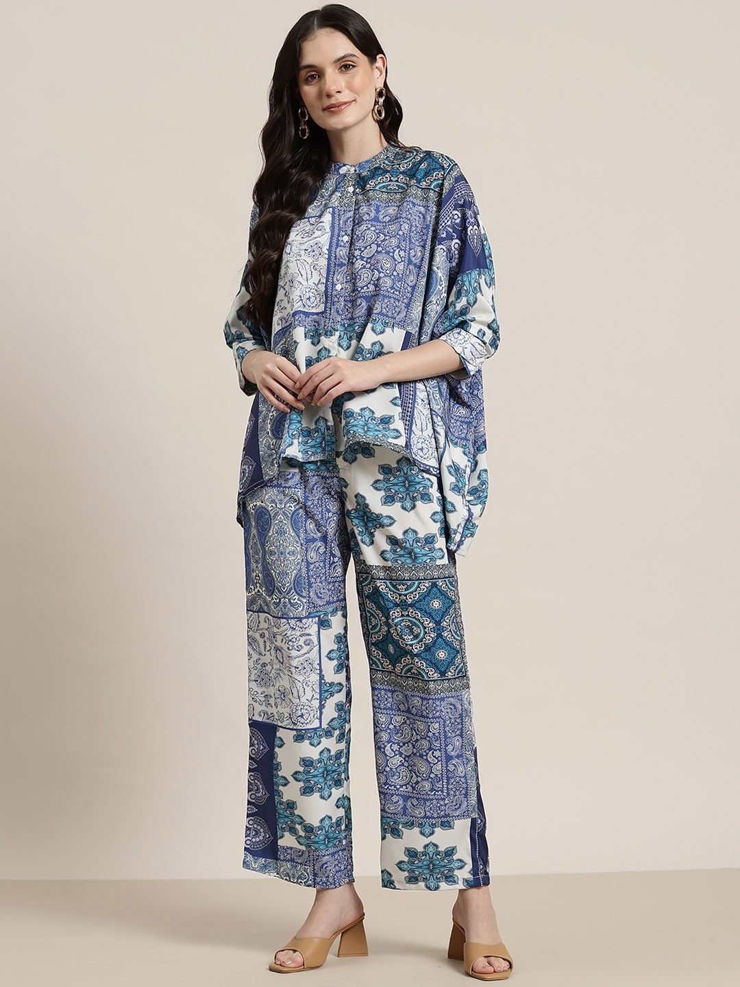 

HERE&NOW Ethnic Print Kaftan-Style Co-Ords, Navy blue