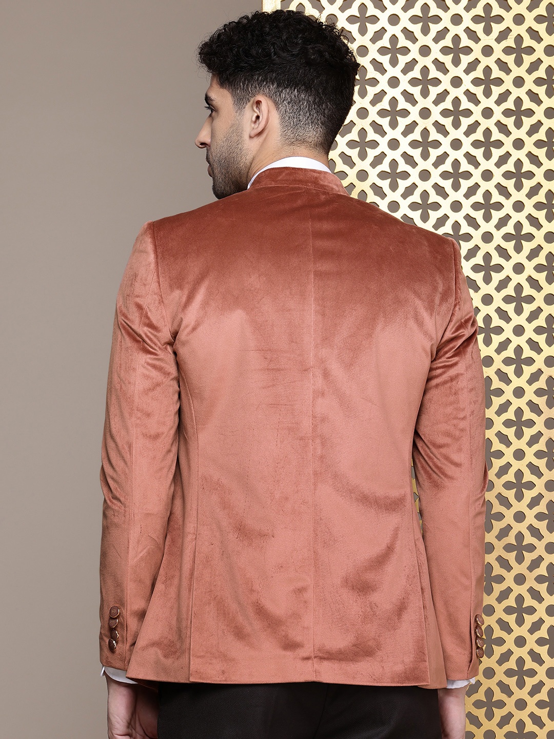 

House of Pataudi Mandarin Collar Embroidered Detail Velvet Party Jashn Bandhgala Blazers, Rust