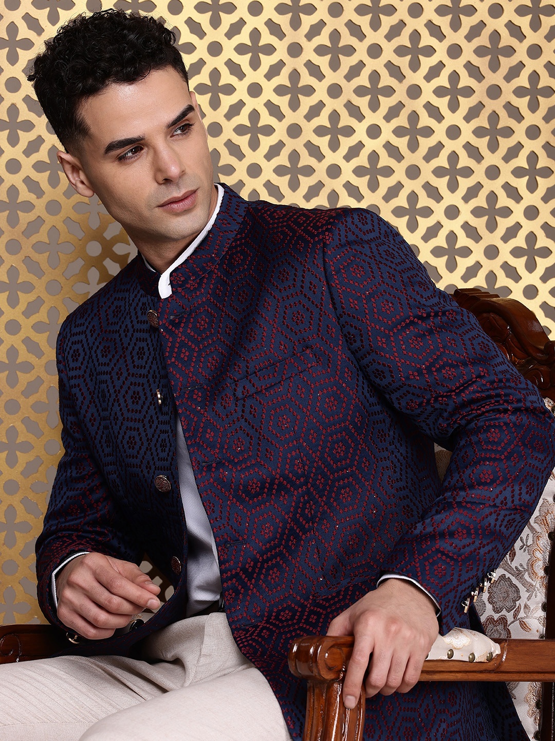 

House of Pataudi Geometric Self Design Jashn Ethnic Mandarin Collar Blazer, Navy blue