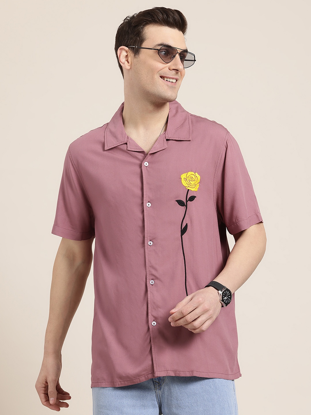 

HERE&NOW Floral Embroidered Opaque Relaxed Fit Casual Shirt, Mauve