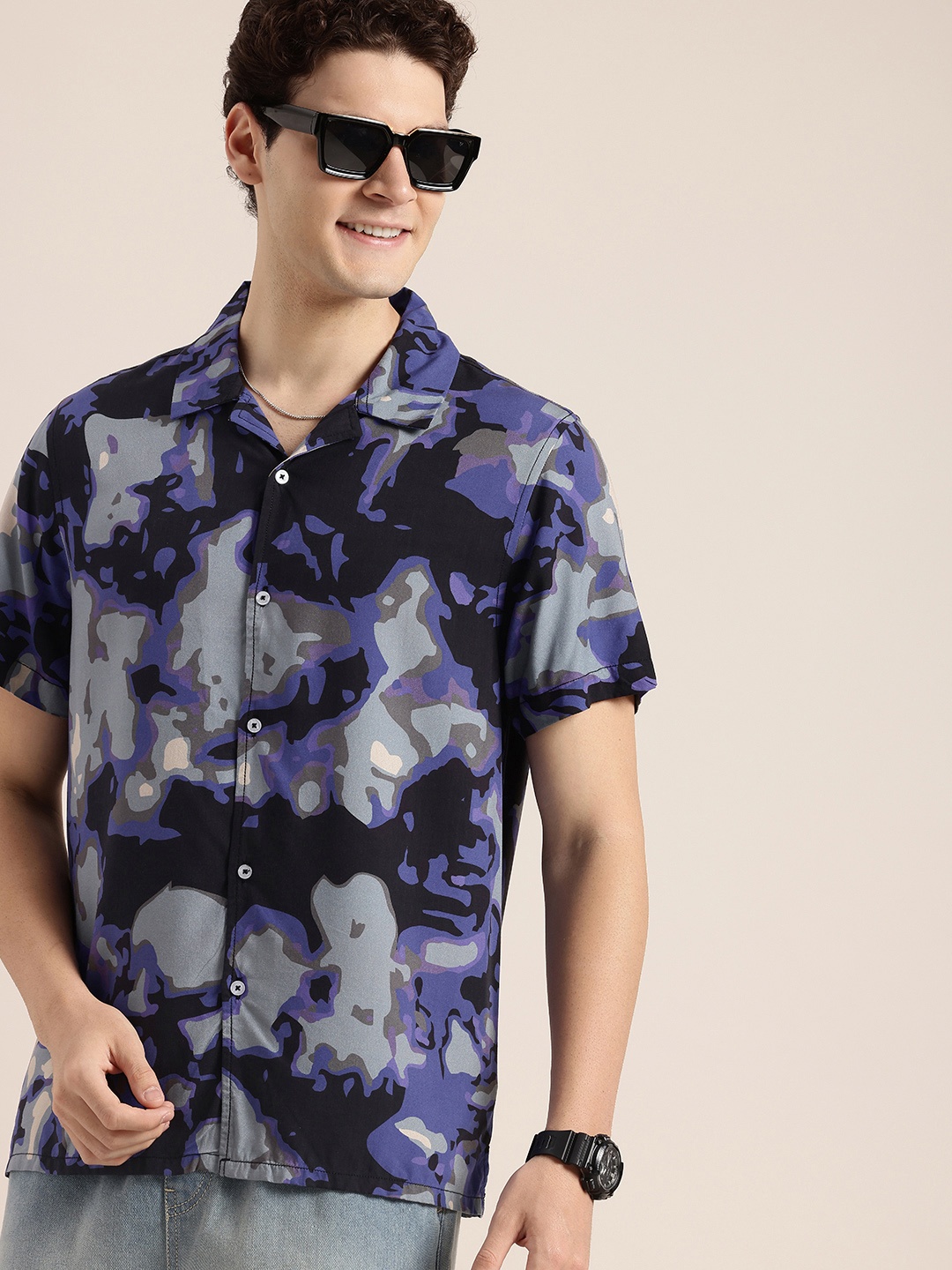 

HERE&NOW Shadow Eyes Abstract Printed Relaxed Fit Casual Shirt, Blue