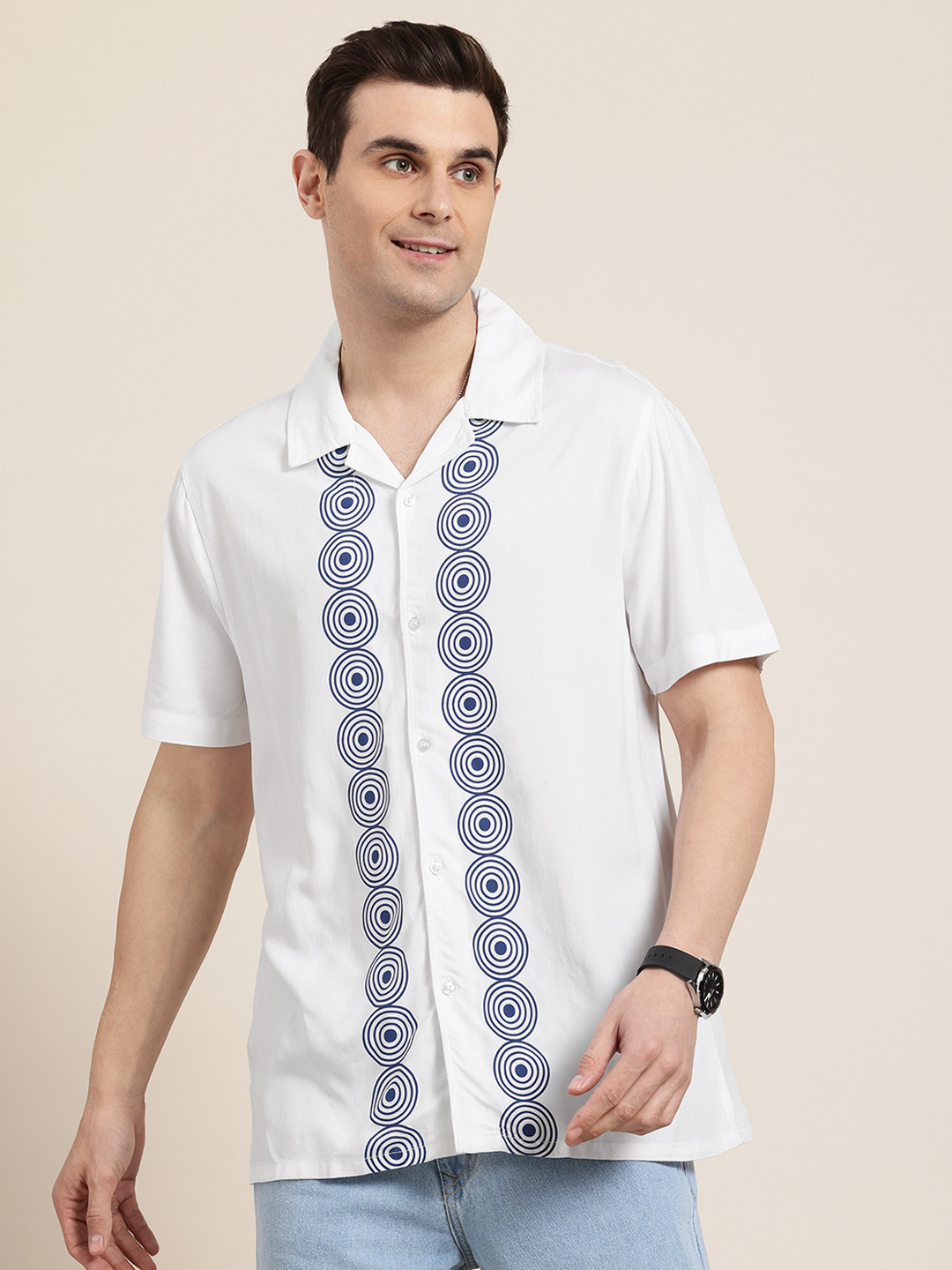 

HERE&NOW Geo Cuban Opaque Geometric Printed Relaxed Fit Casual Shirt, White