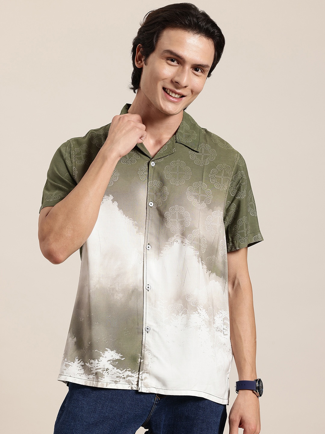 

HERE&NOW Super Nature Men Opaque Printed Relaxed Fit Casual Shirt, Olive