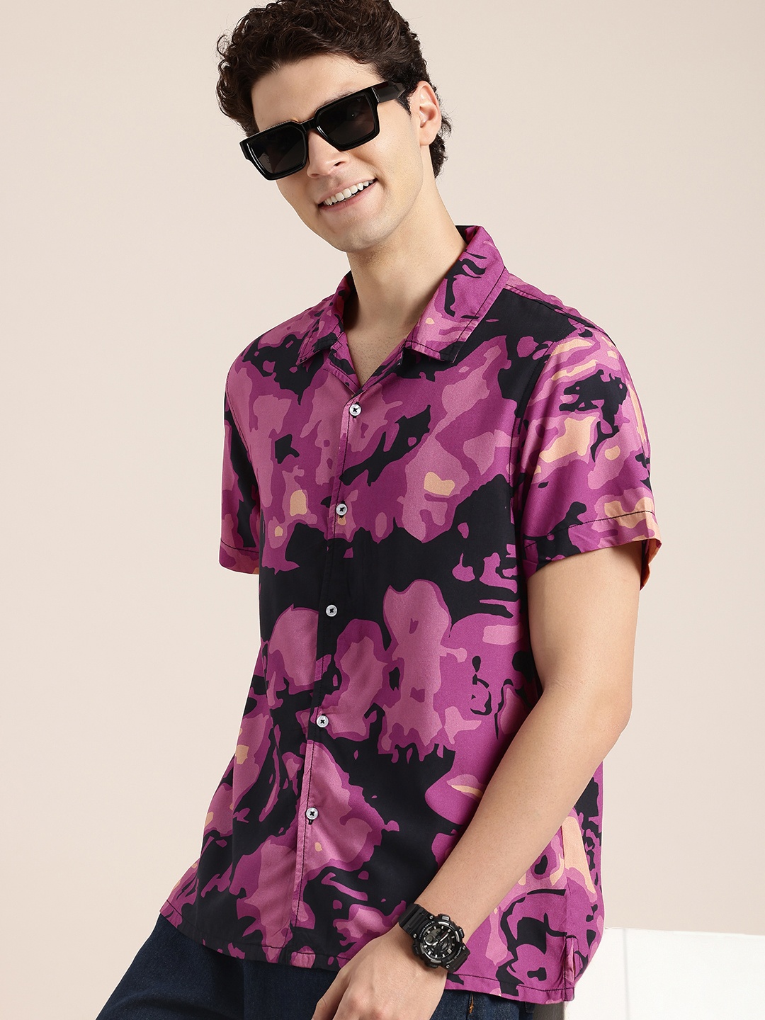 

HERE&NOW Shadow Eyes Abstract Printed Relaxed Fit Casual Shirt, Purple