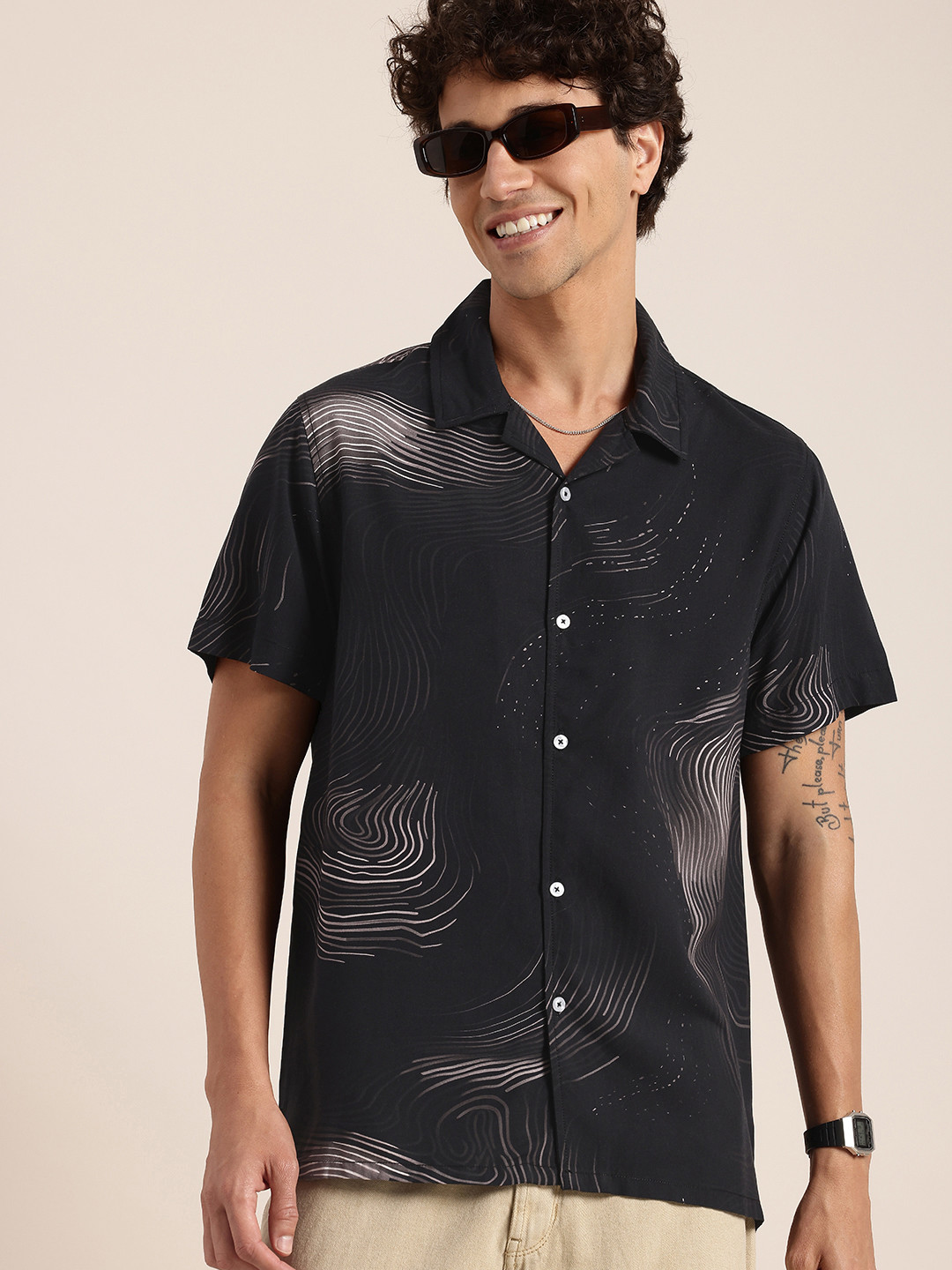 

HERE&NOW Abstract Printed Relaxed Fit Casual Shirt, Black