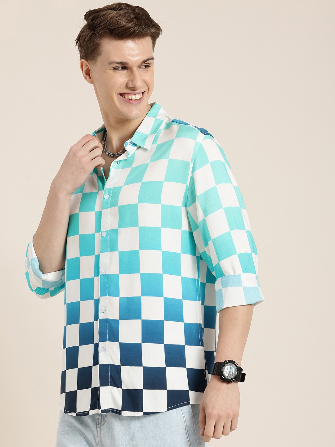 

HERE&NOW Opaque Checked Relaxed Fit Casual Shirt, Blue