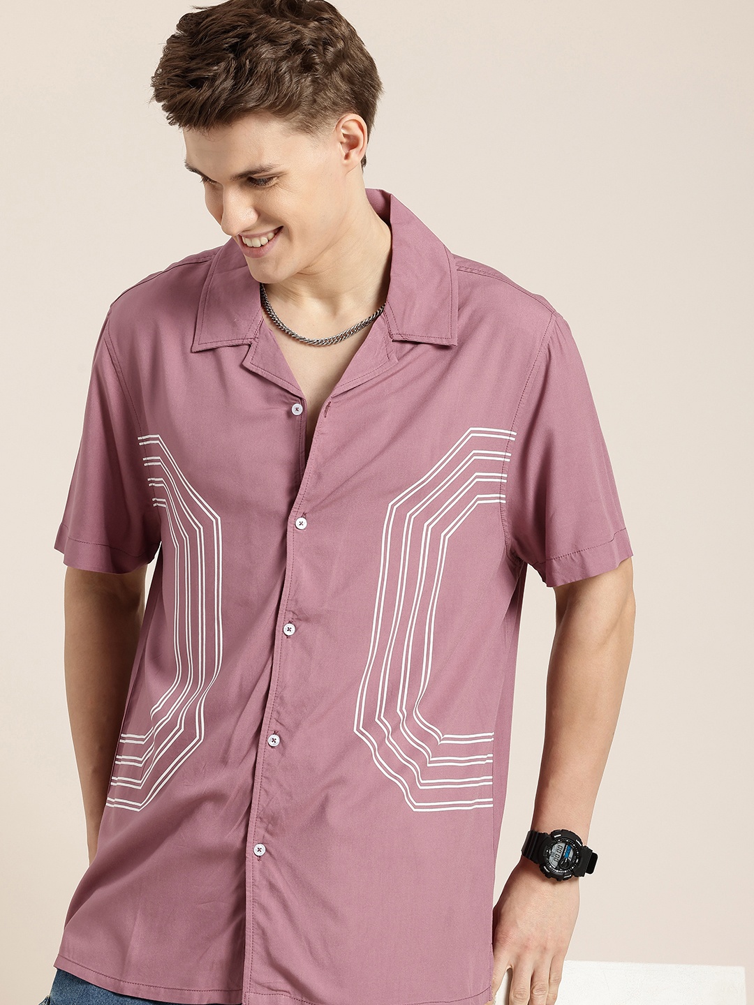 

HERE&NOW Geo Cuban Opaque Geometric Printed Relaxed Fit Casual Shirt, Mauve