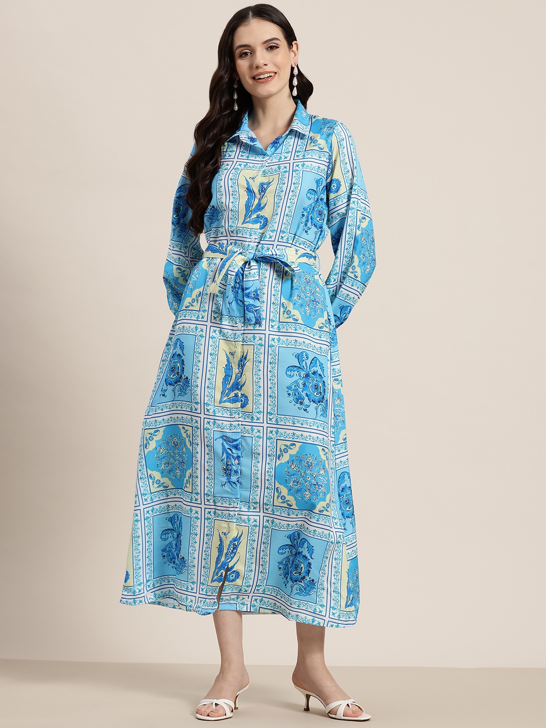 

HERE&NOW Ethnic Motifs Print Shirt Midi Dress, Blue