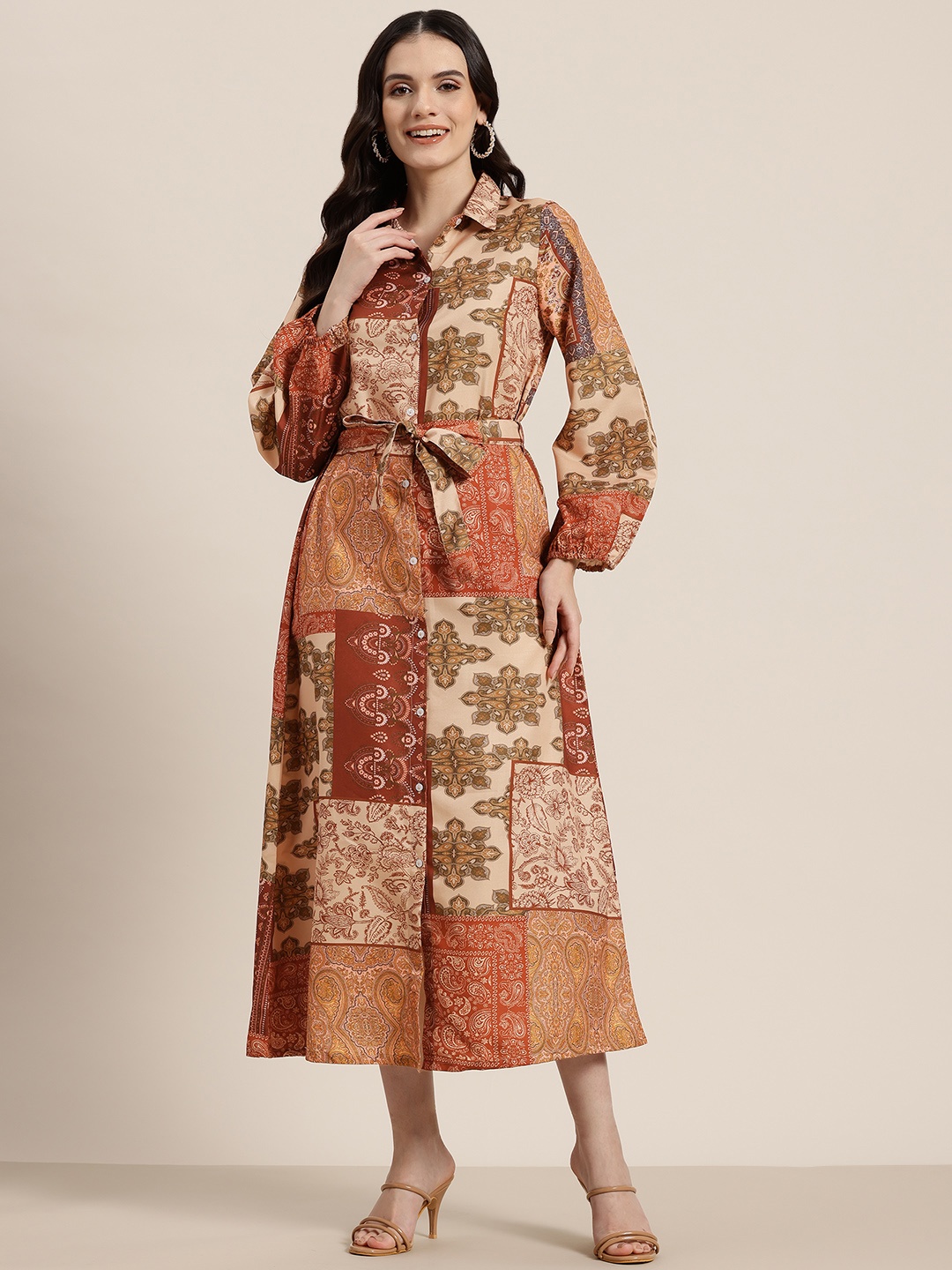 

HERE&NOW Ethnic Motifs Print Shirt Midi Dress, Brown