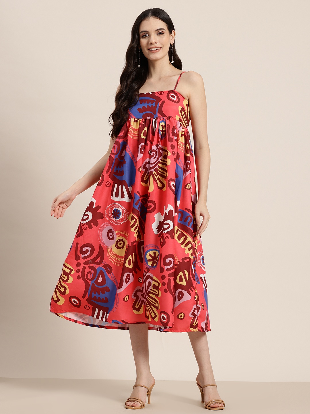 

HERE&NOW Quirk Zone Tribal Print Smocked Empire Midi Dress, Coral