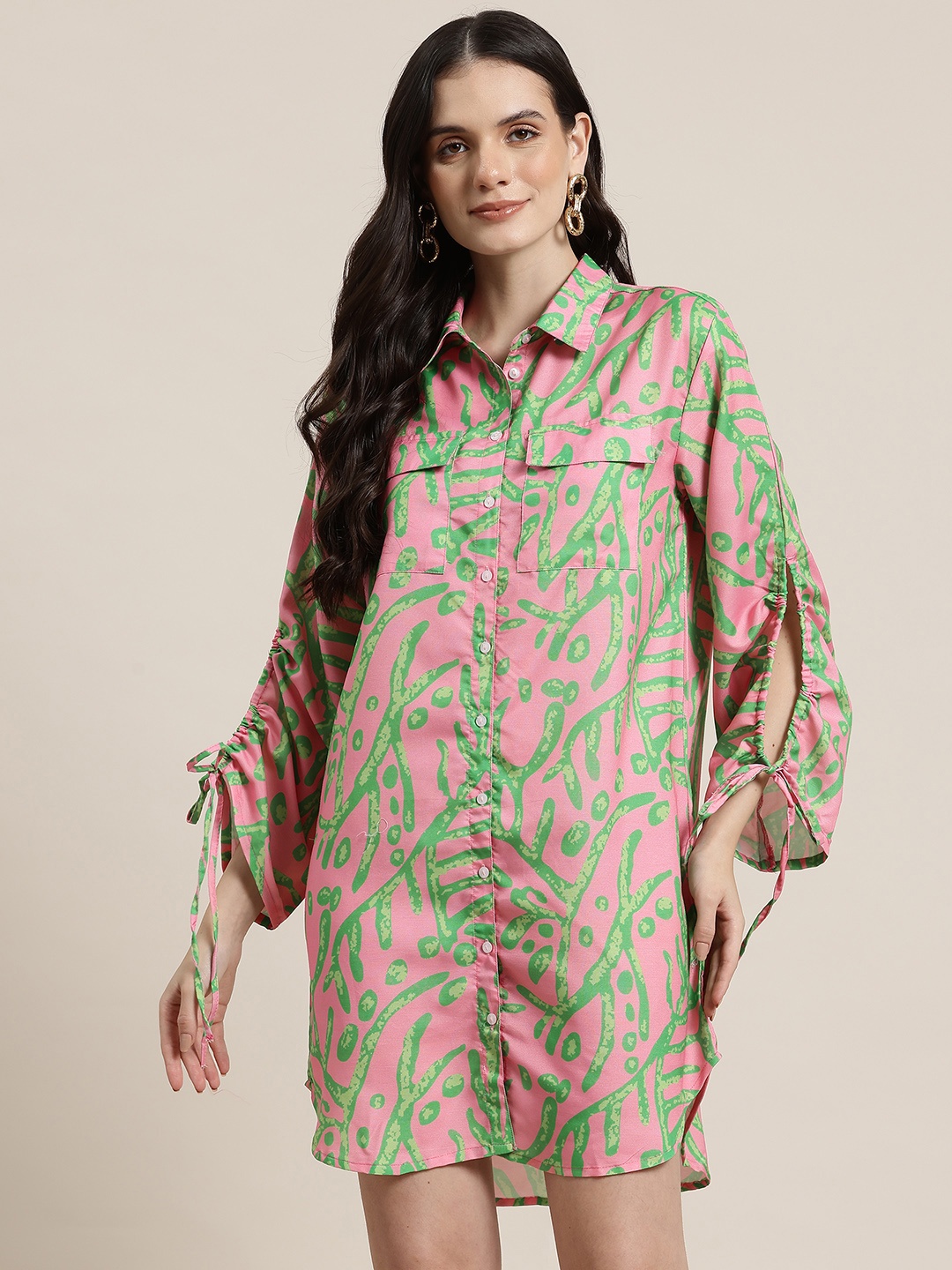 

HERE&NOW Quirk Zone Print Puff Sleeve Shirt Mini Dress, Green