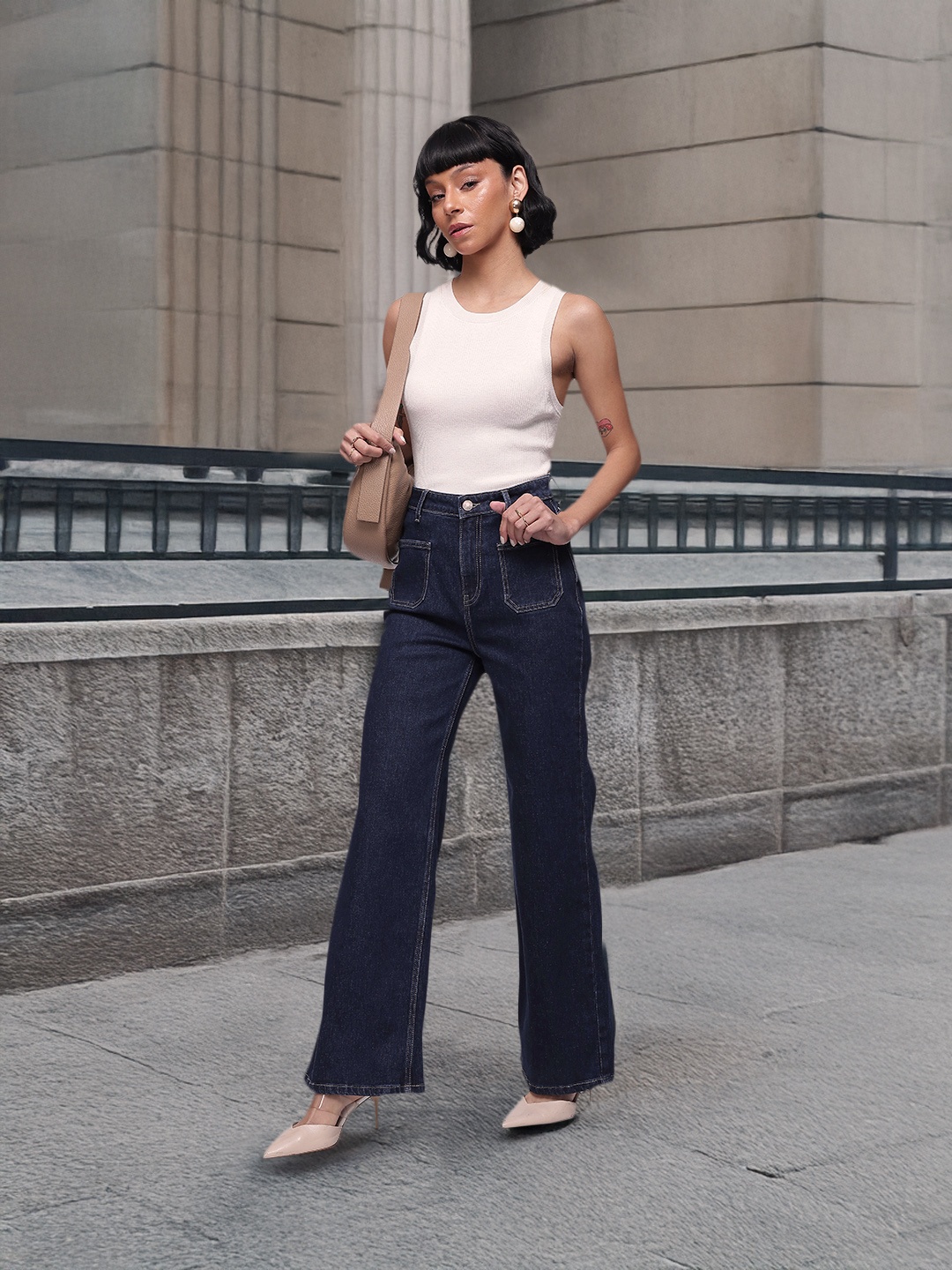 

French Connection Women Wide Leg Stretchable Jeans, Blue
