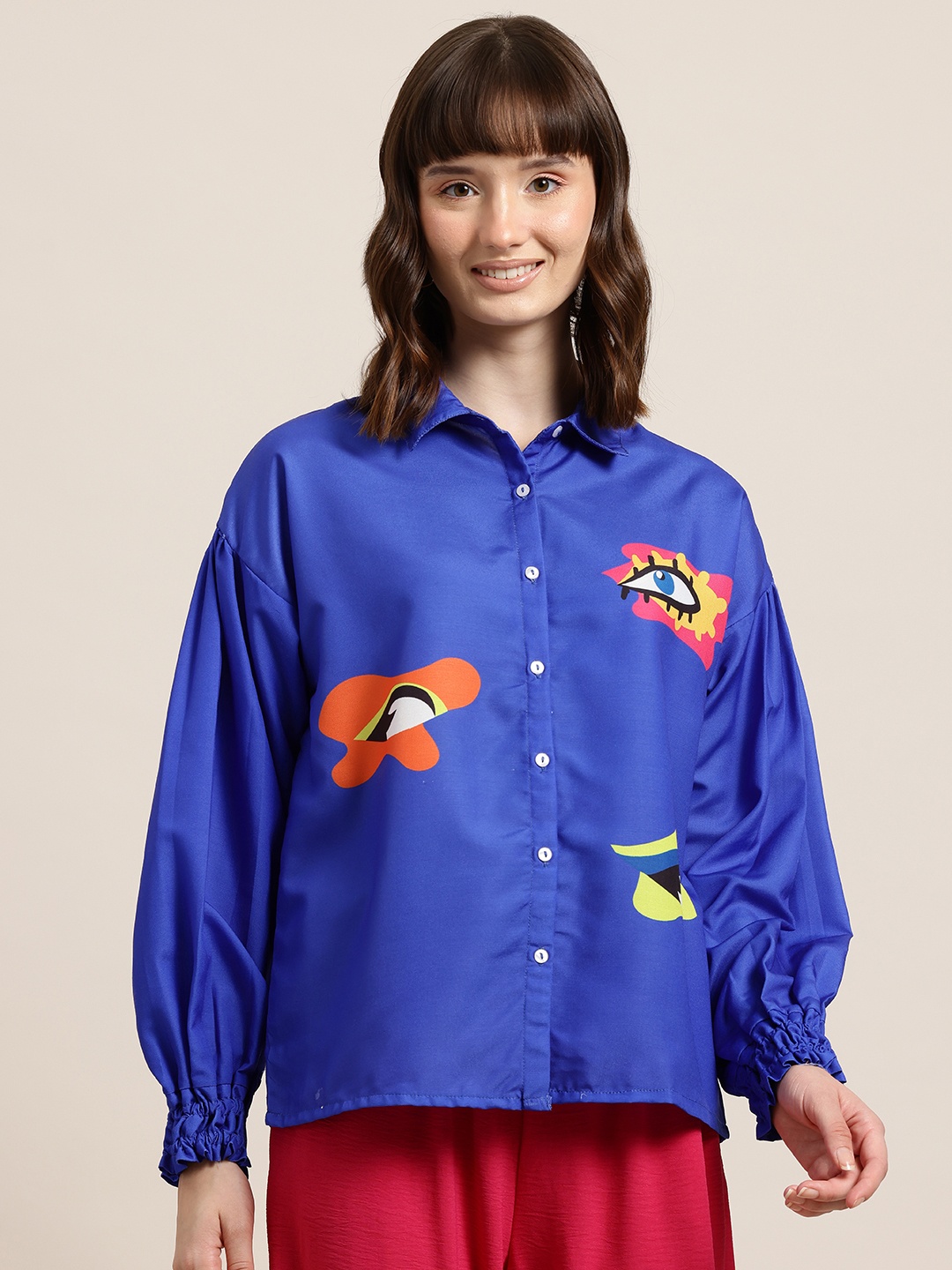 

HERE&NOW Abstract Printed Puff Sleeves Casual Shirt, Blue