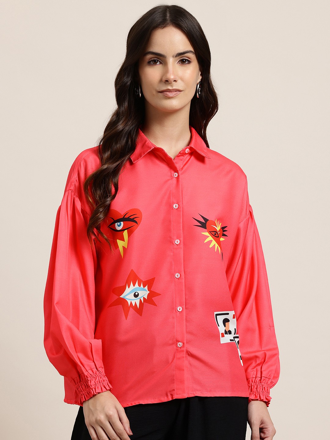 

HERE&NOW Abstract Printed Puff Sleeves Casual Shirt, Pink