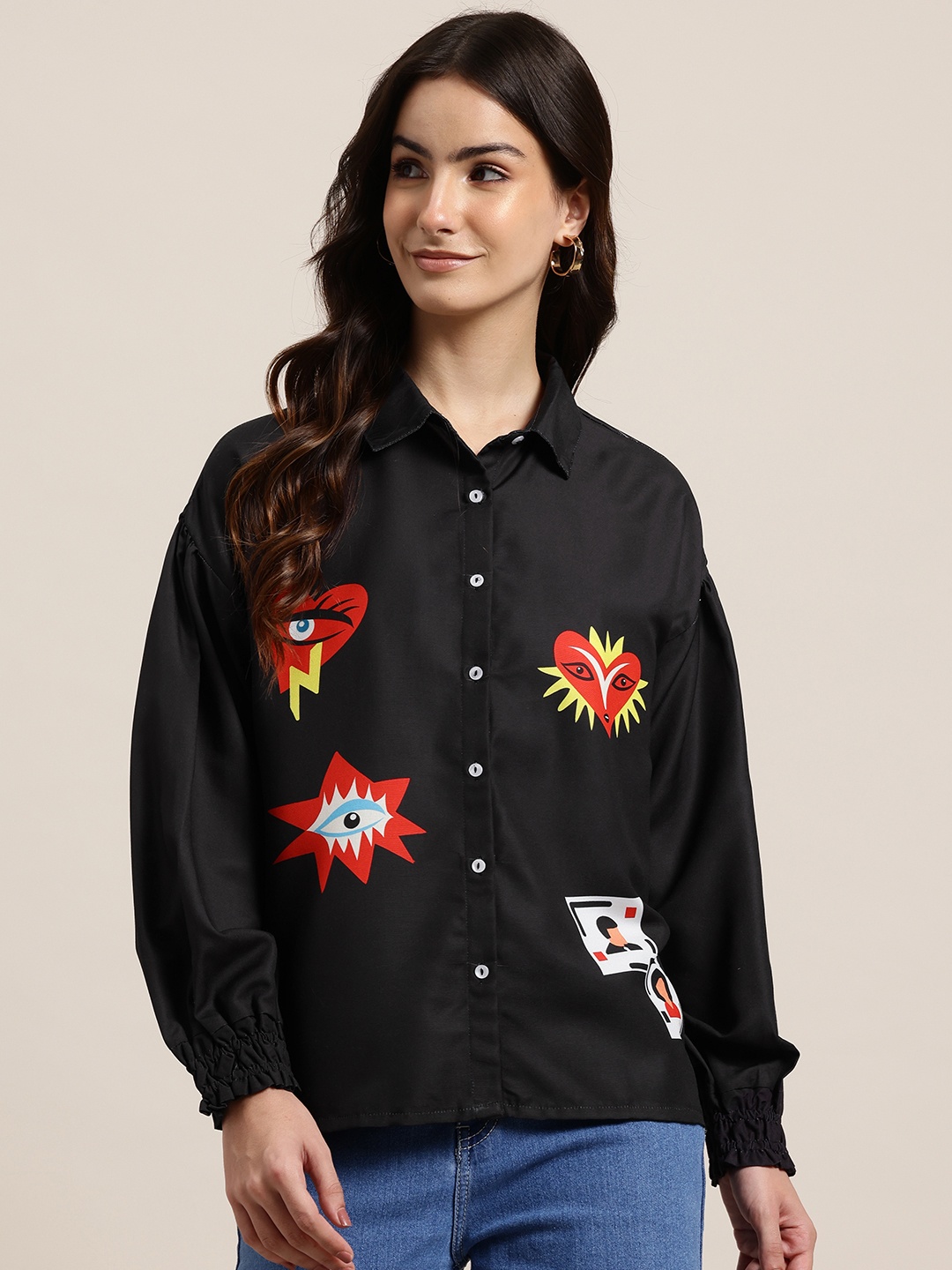 

HERE&NOW Abstract Printed Puff Sleeves Casual Shirt, Black