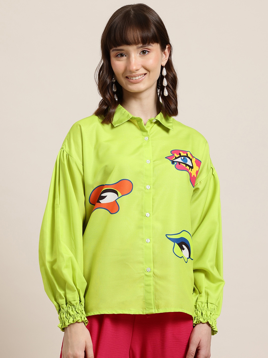 

HERE&NOW Abstract Printed Puff Sleeves Casual Shirt, Fluorescent green