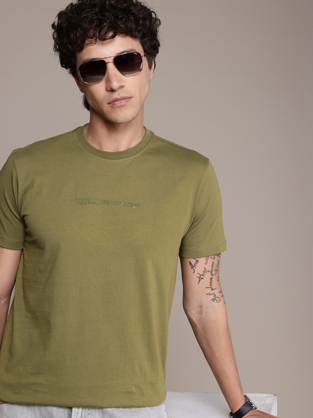 

French Connection Embroidered Pure Cotton T-shirt, Olive