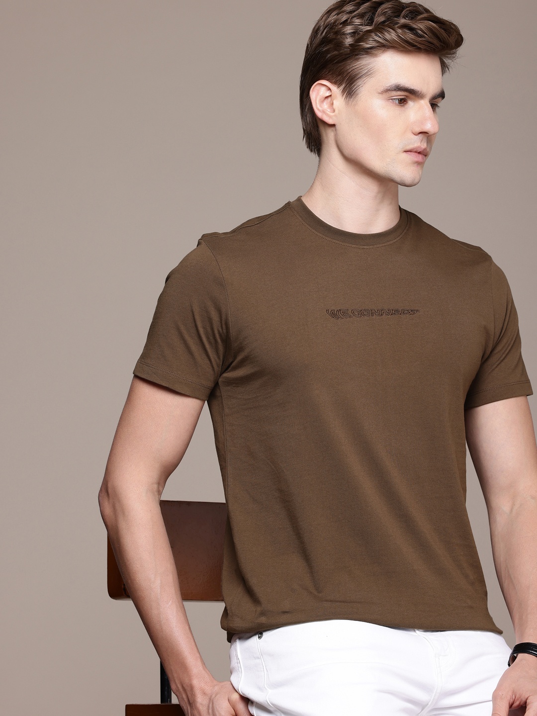 

French Connection Pure Cotton Embroidered Casual T-shirt, Olive