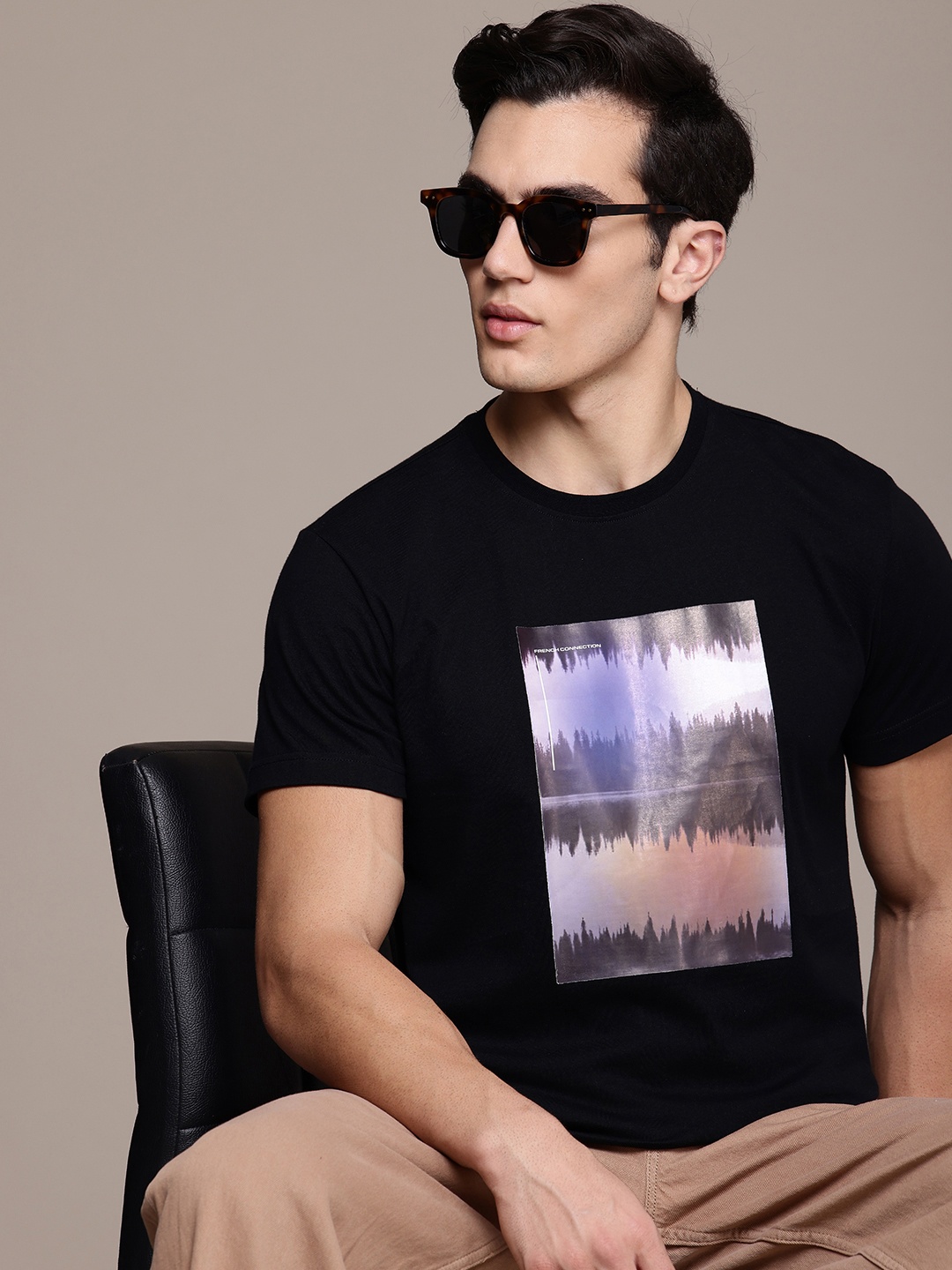 

French Connection Graphic Printed Pure Cotton T-shirt, Black