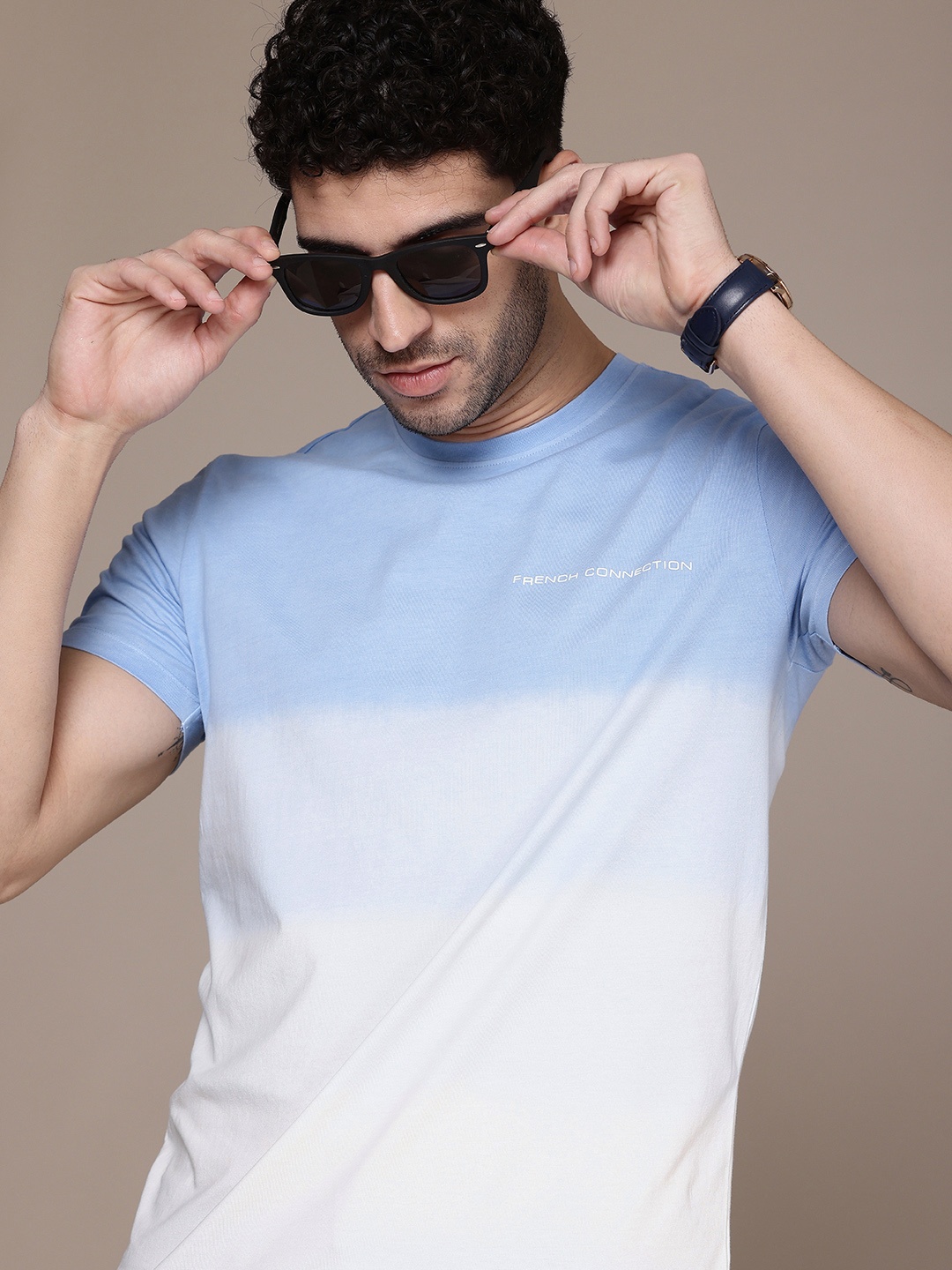 

French Connection Ombre Effect Pure Cotton T-shirt, Blue