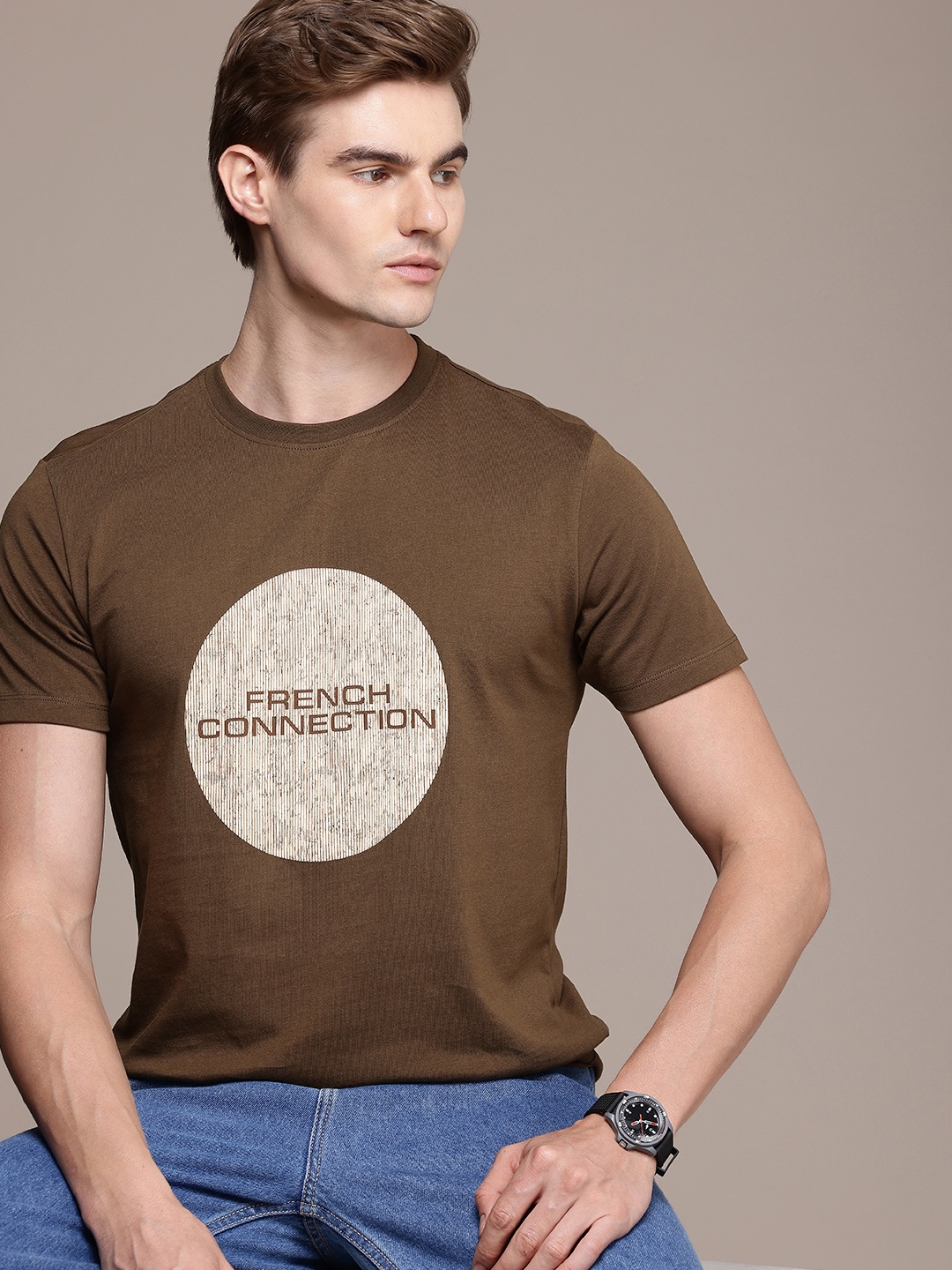 

French Connection Brand Logo Printed Pure Cotton T-shirt, Brown