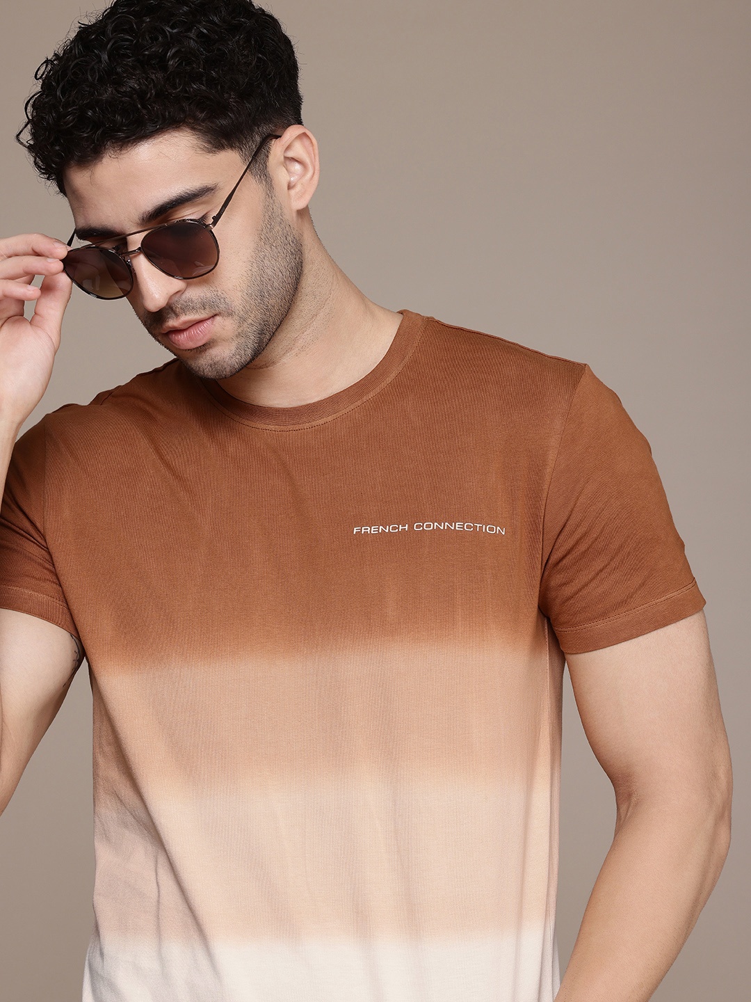 

French Connection Ombre Effect Pure Cotton T-shirt, Brown