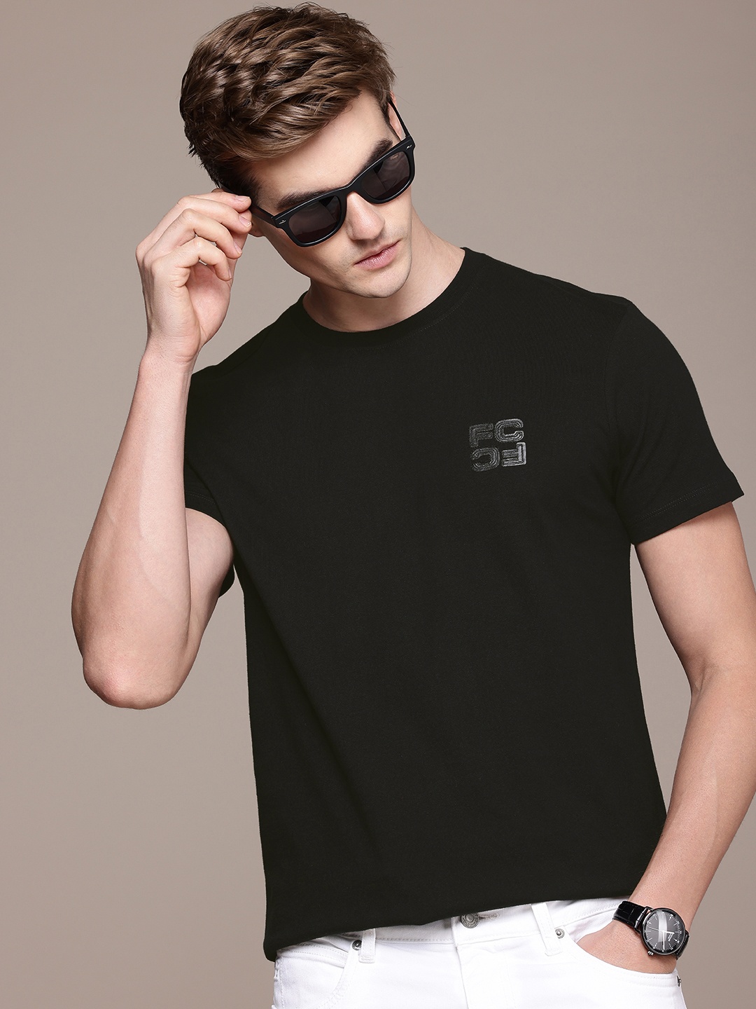 

French Connection Pure Cotton Applique Casual T-shirt, Black