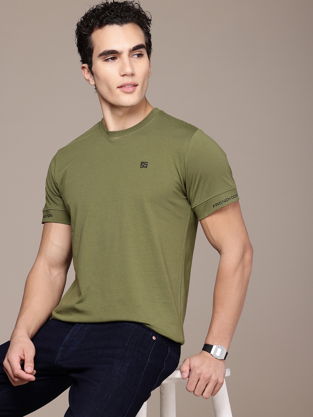 

French Connection Solid Pure Cotton Casual T-shirt, Olive