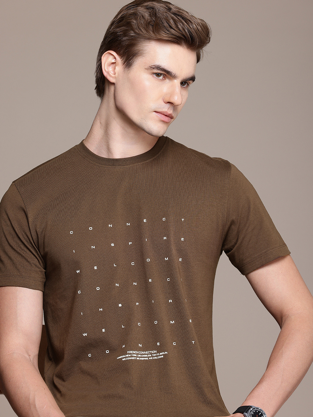 

French Connection Typography Printed Pure Cotton T-shirt, Brown