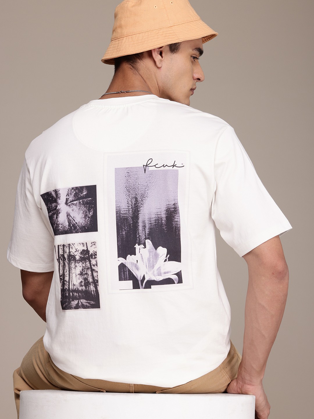 

FCUK Graphic Printed Drop-Shoulder Sleeves Relaxed Fit Pure Cotton T-shirt, White