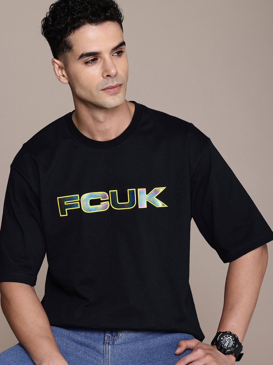 

FCUK Brand Logo Printed Drop-Shoulder Sleeves Oversized Pure Cotton T-shirt, Black